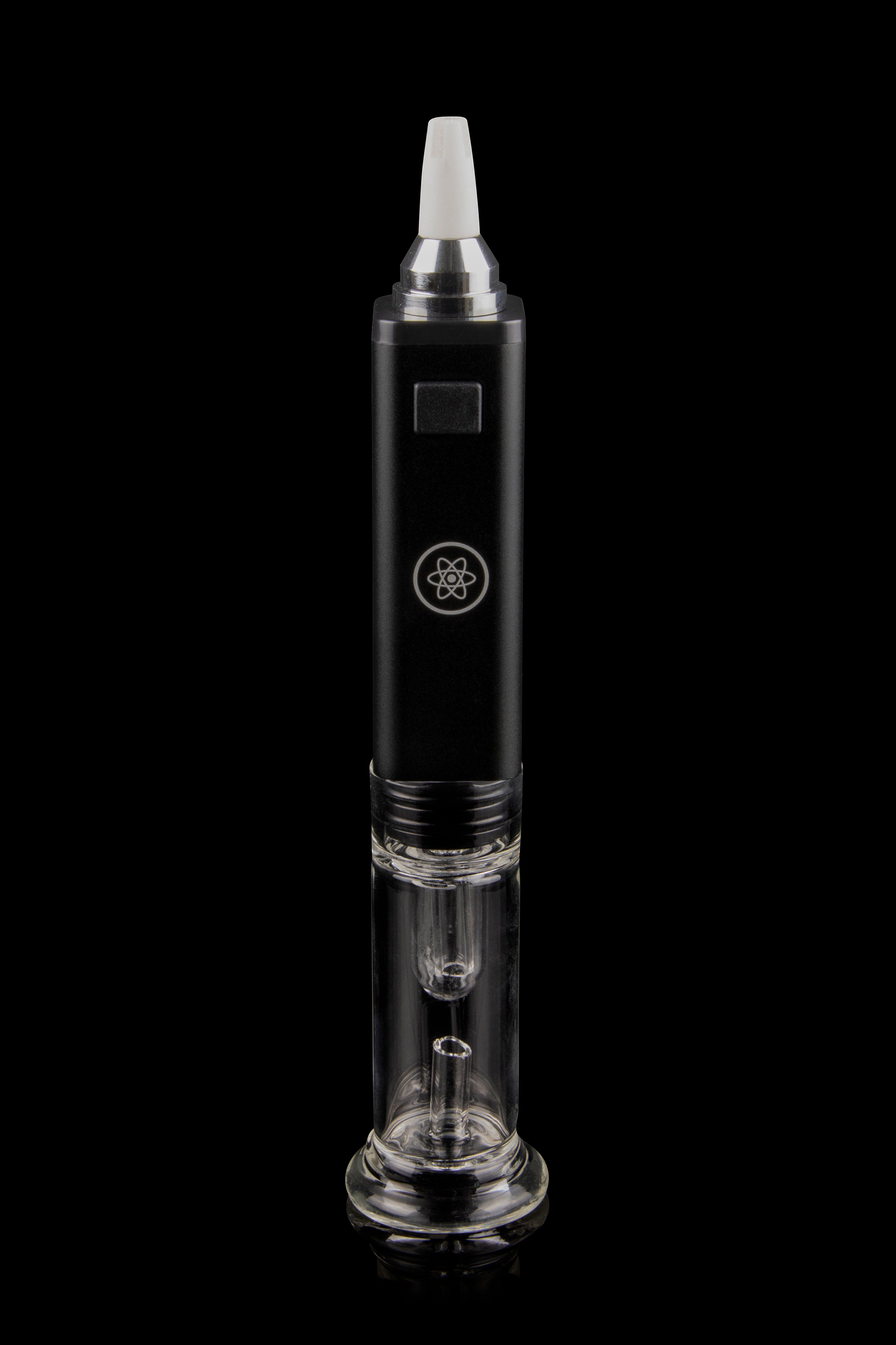 Black and clear glass electronic dab rig (e-rig) for cannabis concentrate vaporization.