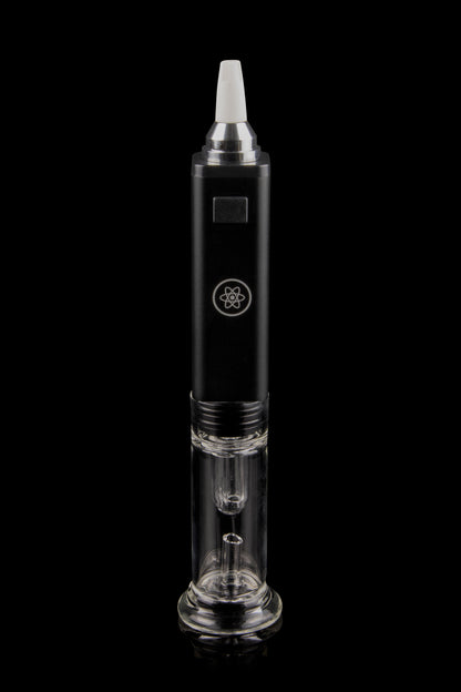 Black and clear glass electronic dab rig (e-rig) for cannabis concentrate vaporization.