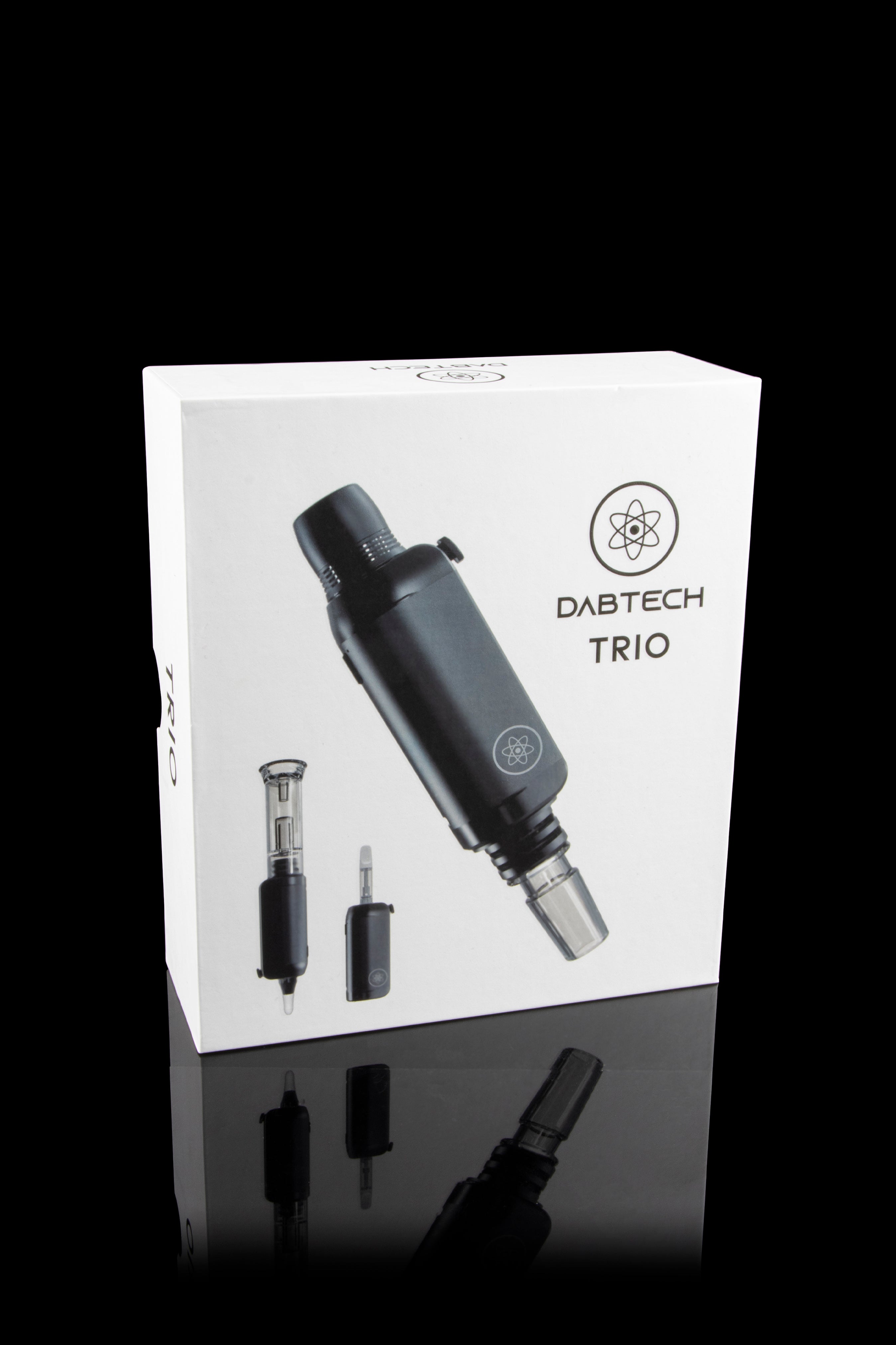 Product shot of a DabTech Trio e-nail with its components displayed on its packaging and reflected on a glossy surface.