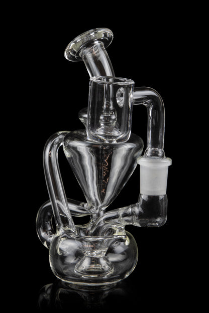 Clear glass water pipe (rig) with intricate looping design, isolated on black.