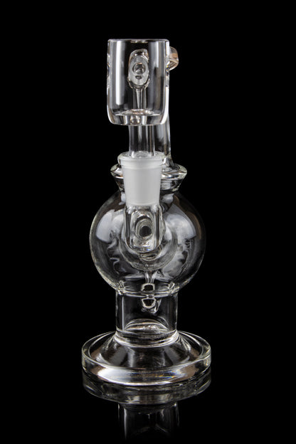 Clear glass water pipe (rig) with spherical percolator, isolated on black.
