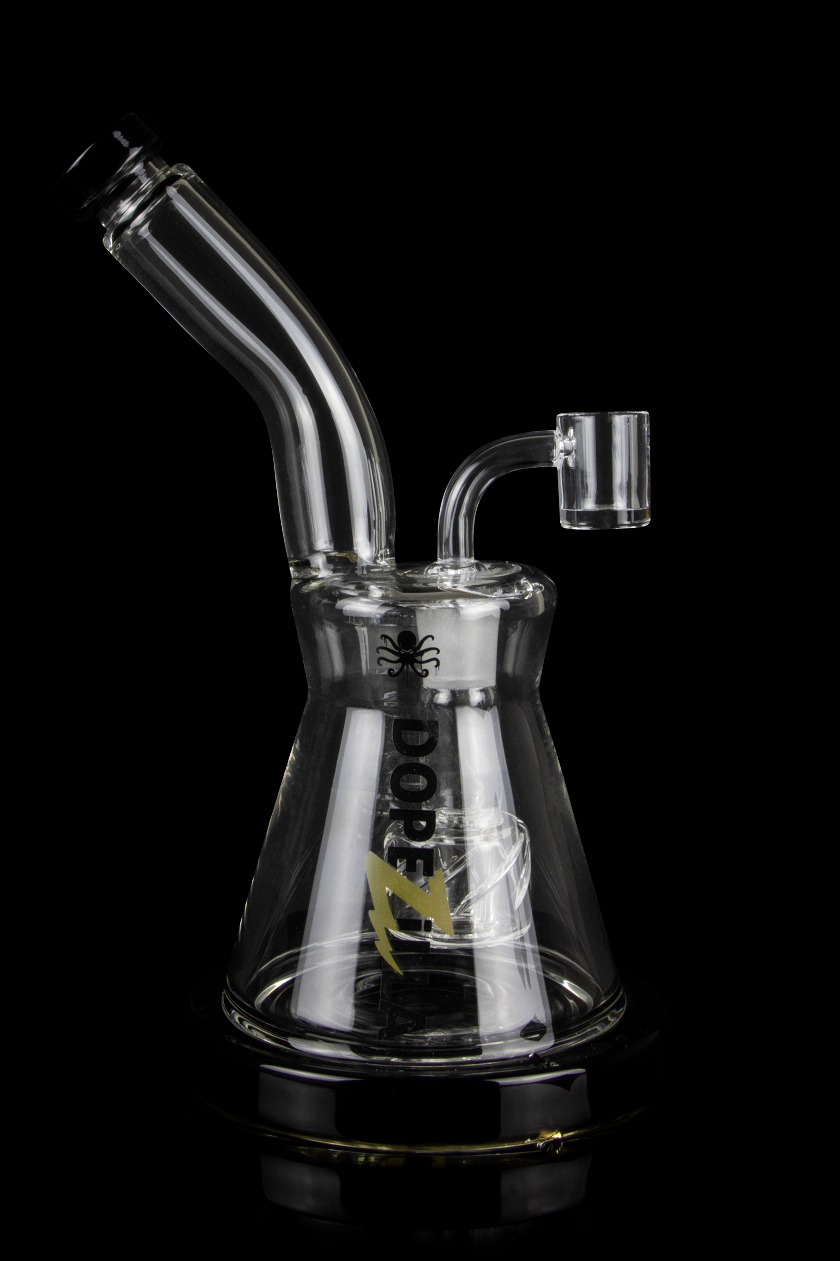 Glass water pipe (bong) with intricate design and clear glass, isolated on a black background.