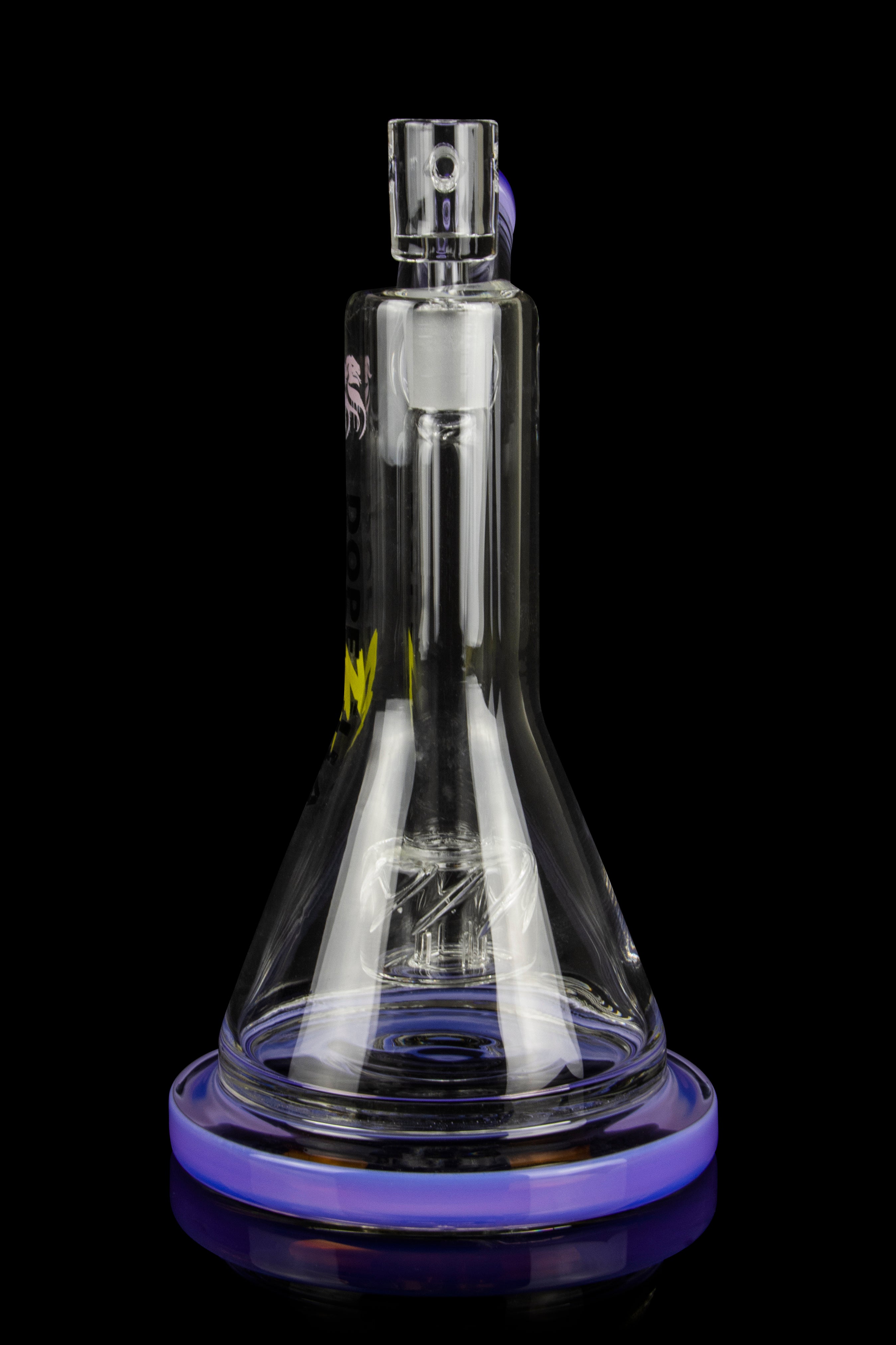 Clear glass bubbler with purple base, featuring intricate internal diffusion structures.