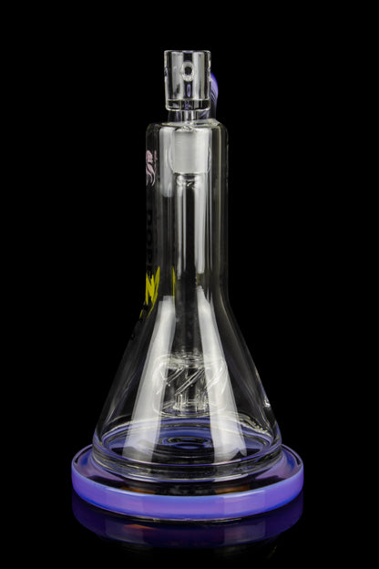 Clear glass bubbler with purple base, featuring intricate internal diffusion structures.