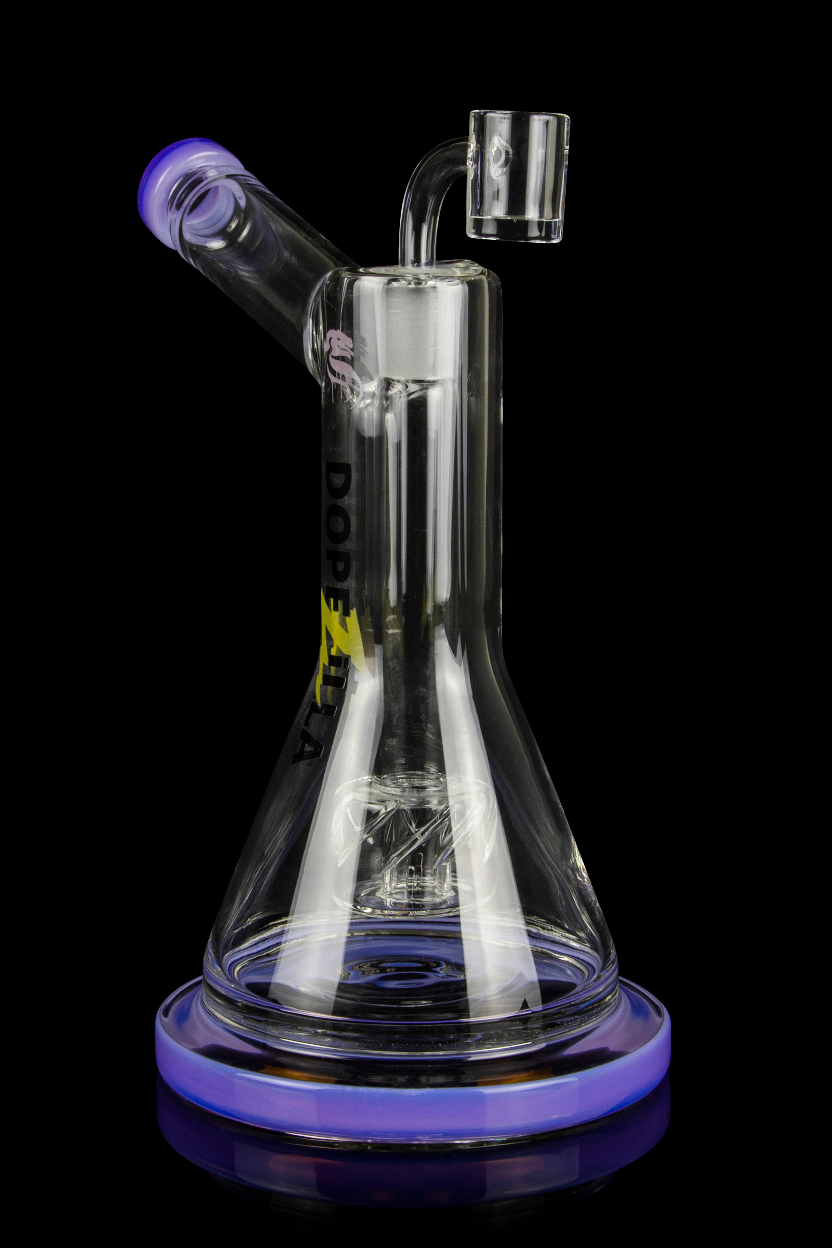 A clear glass water pipe (bong) with purple accents, featuring percolators and a mouthpiece, isolated on a black background.