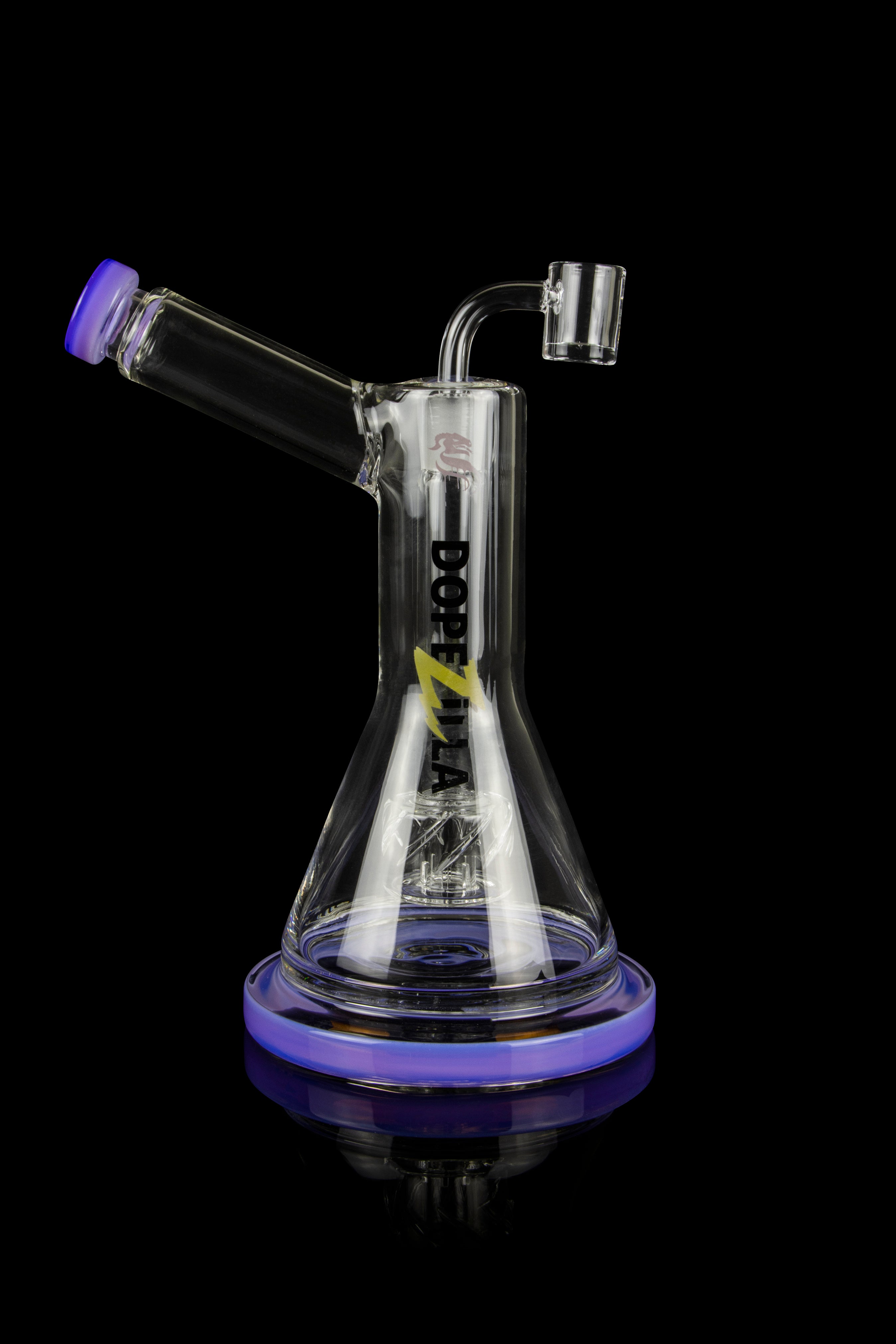 A clear glass water pipe (rig) with purple accents and a quartz nail, isolated on a black background. 