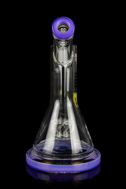 Clear glass rig with purple accents, featuring a bubbler design for cannabis concentrate use.