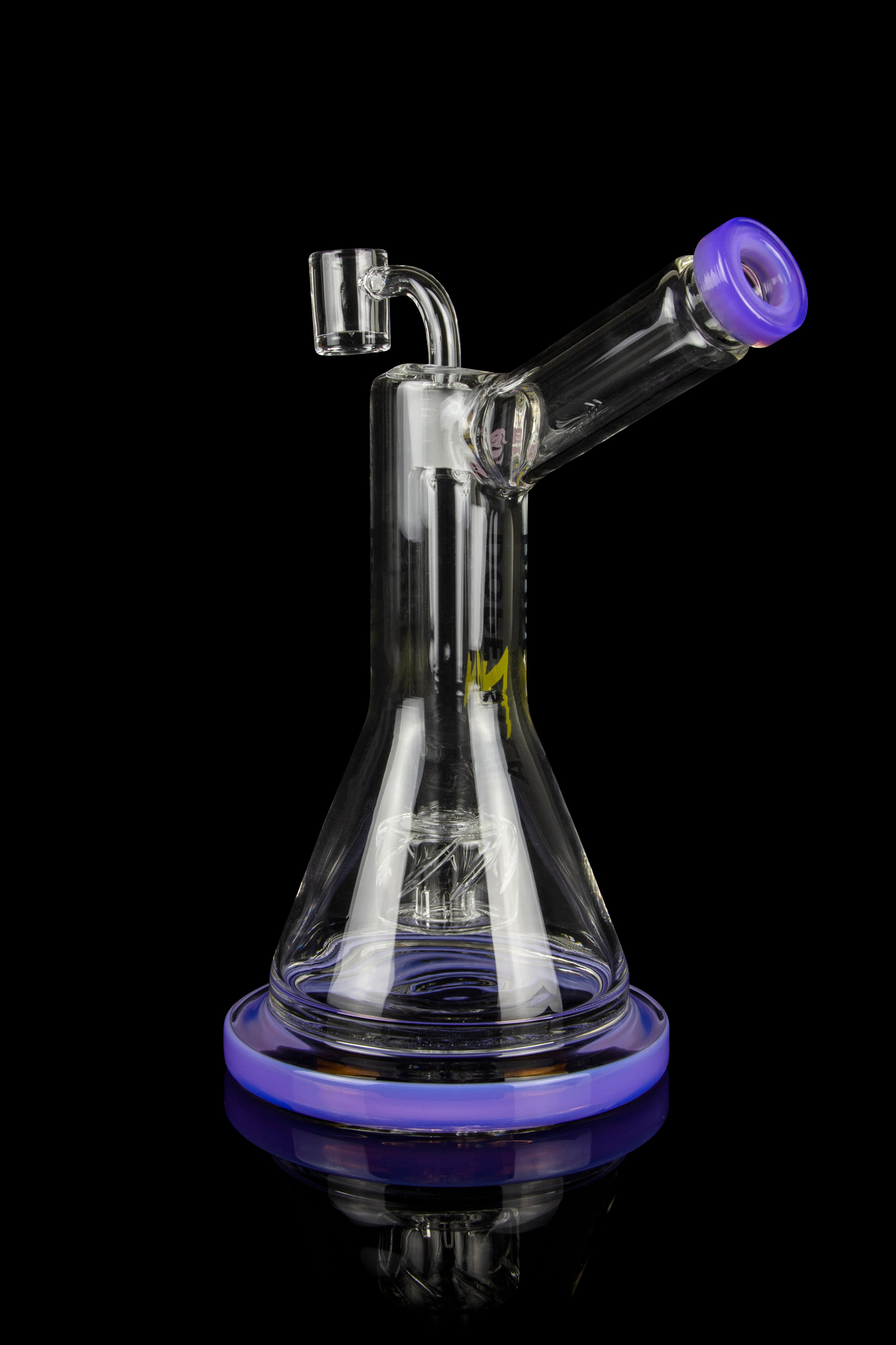 Clear glass water pipe (bong) with a purple base and mouthpiece, isolated on a black background.