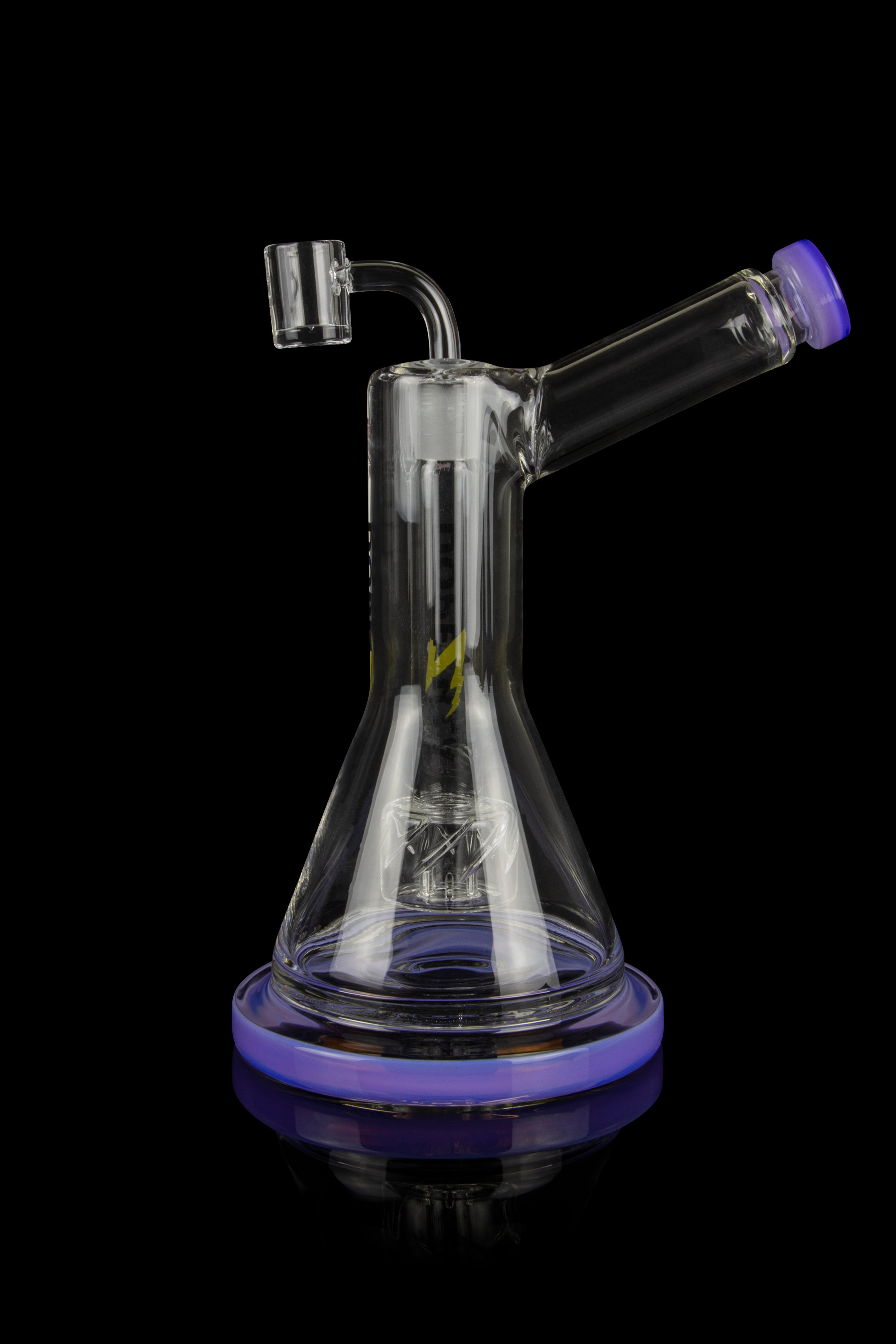 Clear glass water pipe (rig) with purple accents and a quartz banger, isolated on a black background.
