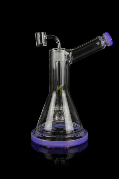 Clear glass water pipe (rig) with purple accents and a quartz banger, isolated on a black background.
