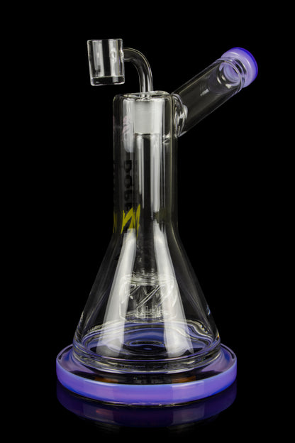 Purple and clear glass dab rig with intricate internal diffusion and a quartz banger.