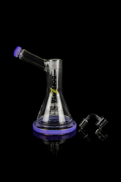 Glass water pipe (bong) with purple accents and accompanying glass bongs attachments on a black background.