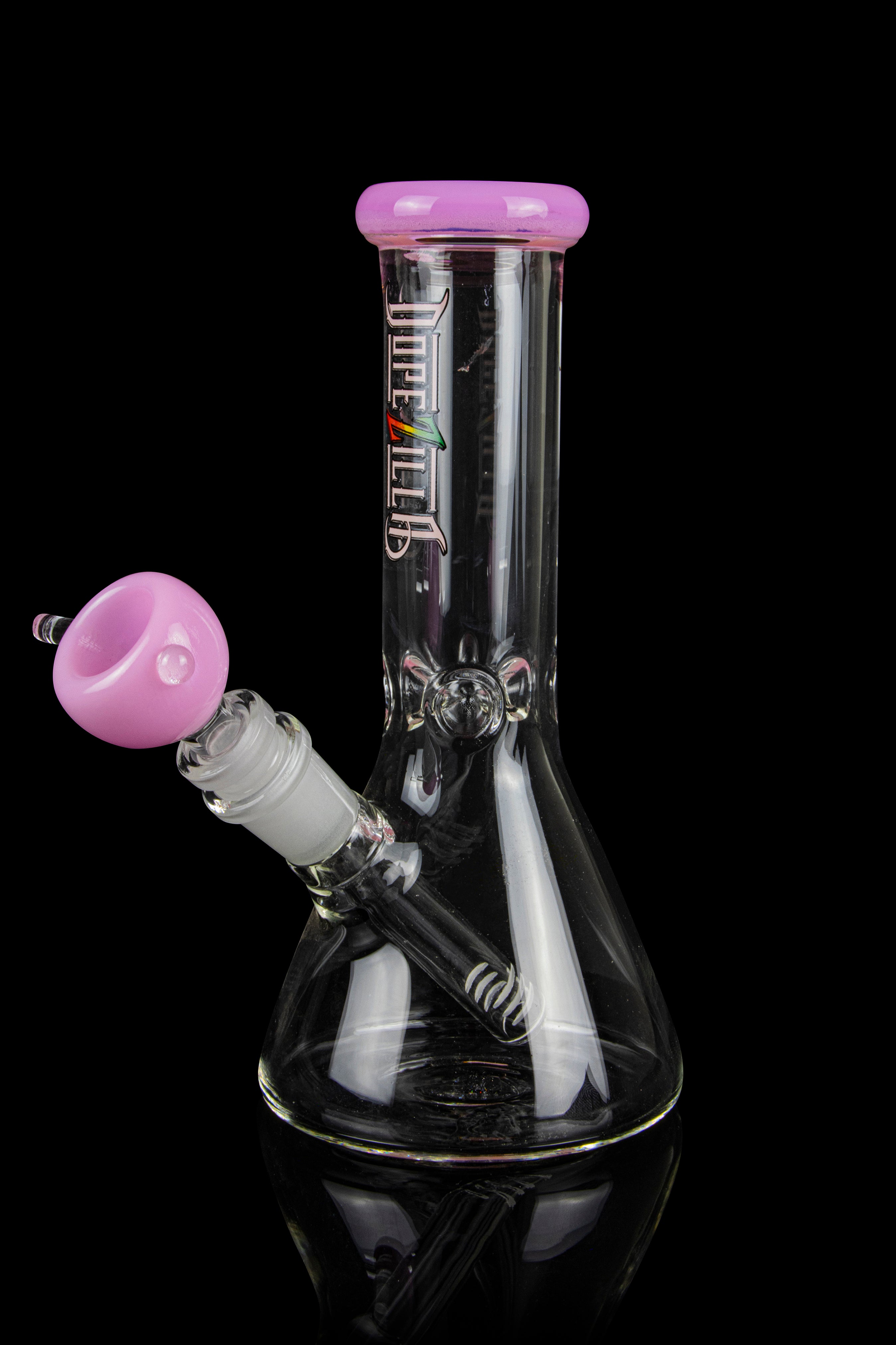 Glass bong with pink accents and a clear mouthpiece.