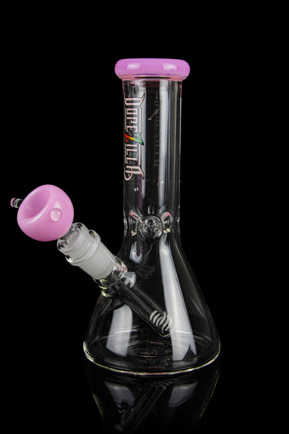 Glass bong with pink accents and a clear mouthpiece.