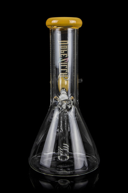 Clear glass bong with intricate designs and a wooden mouthpiece, isolated on a black background.