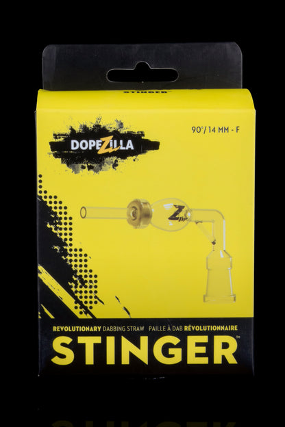 Yellow packaging for “Stinger” revolutionary dabbing straw by Dopezilla, featuring a diagram of the product and branding elements.