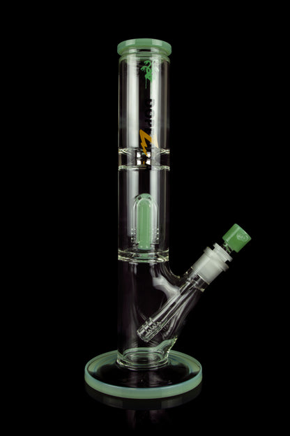 Green glass water pipe (bong) with intricate design, studio shot.