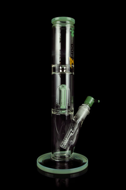 Green glass water pipe with multiple diffusion tubes, isolated on a black background.
