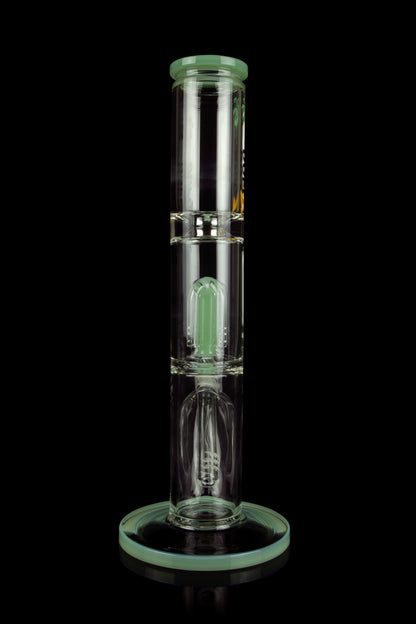 Green glass water pipe (bong) with percolators, isolated on a black background.