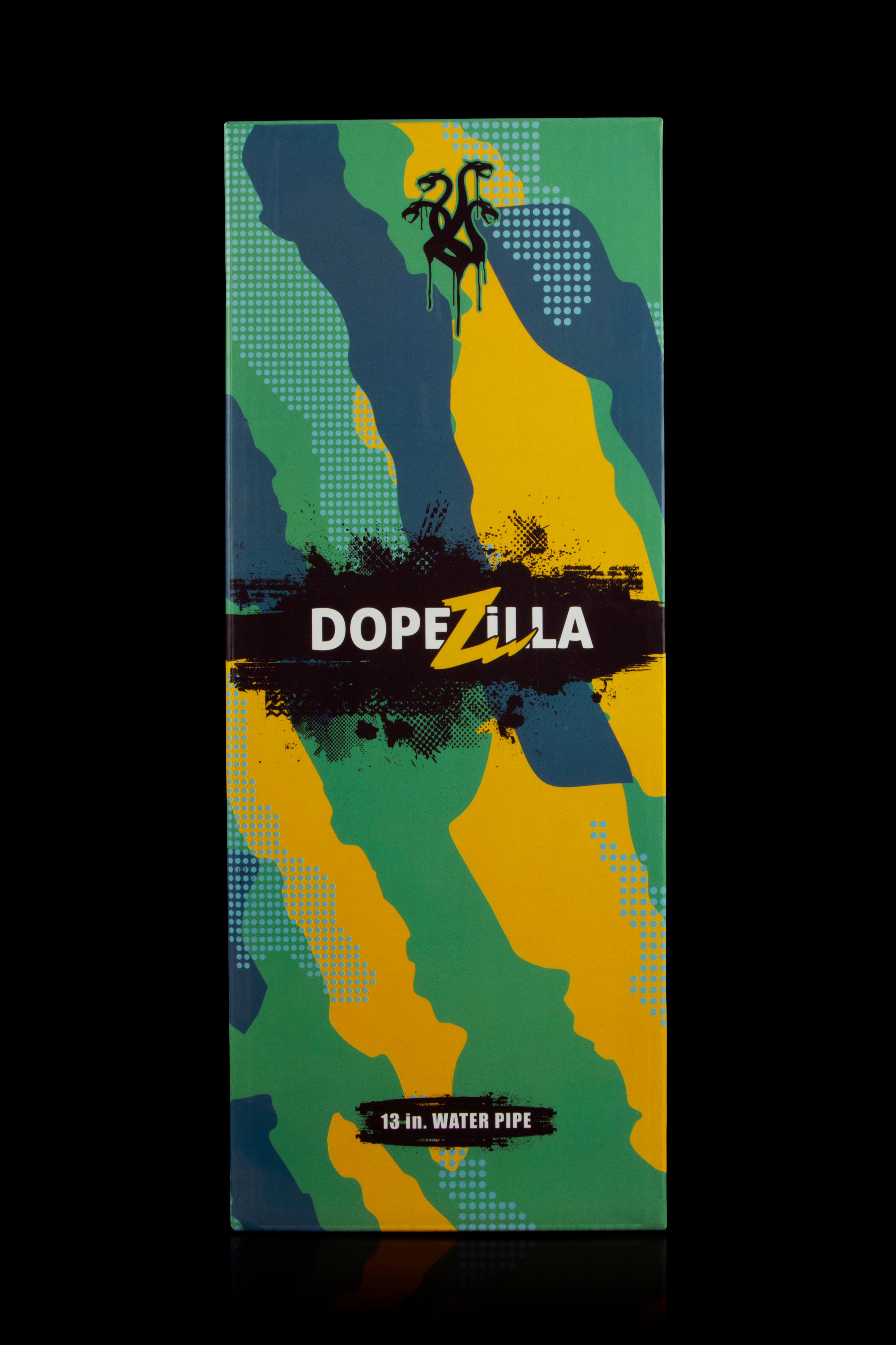A rectangular box with a camouflage pattern in shades of green, yellow, and black, displaying the text “DOPEZILLA” in bold white letters and “13 in. WATER PIPE” at the bottom.