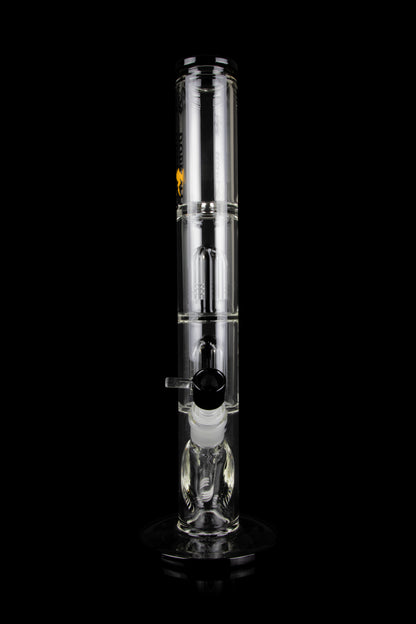 Clear glass bubbler water pipe with ice pinches and a removable diffuser downstem, isolated on a black background.