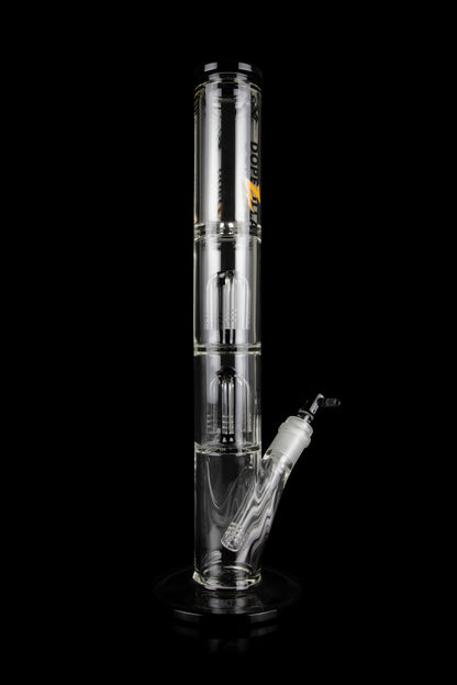 Clear glass water pipe (bong) with multiple percolation chambers and a glass bowl.