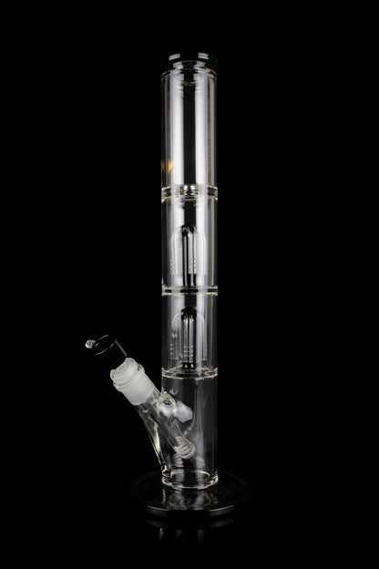 Clear glass bong with multiple diffusion chambers and a glass bowl, isolated on a black background.