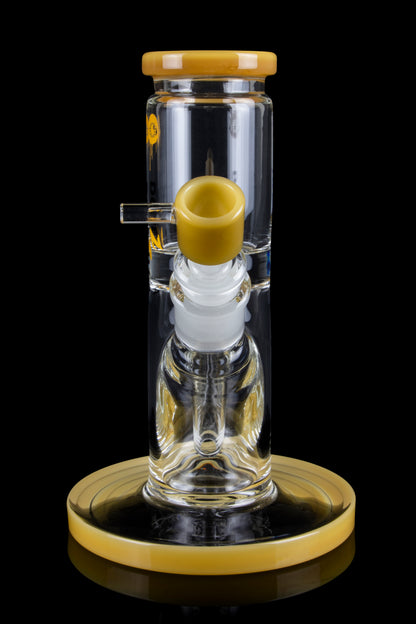 Clear glass bubbler with gold accents, featuring a removable bowl and water chamber.
