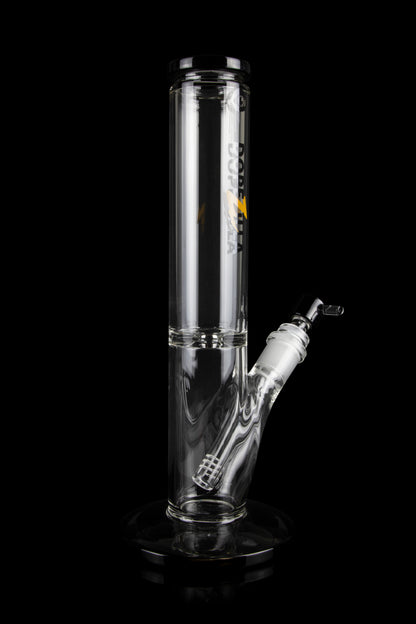 Glass bong with percolator, isolated on a black background.