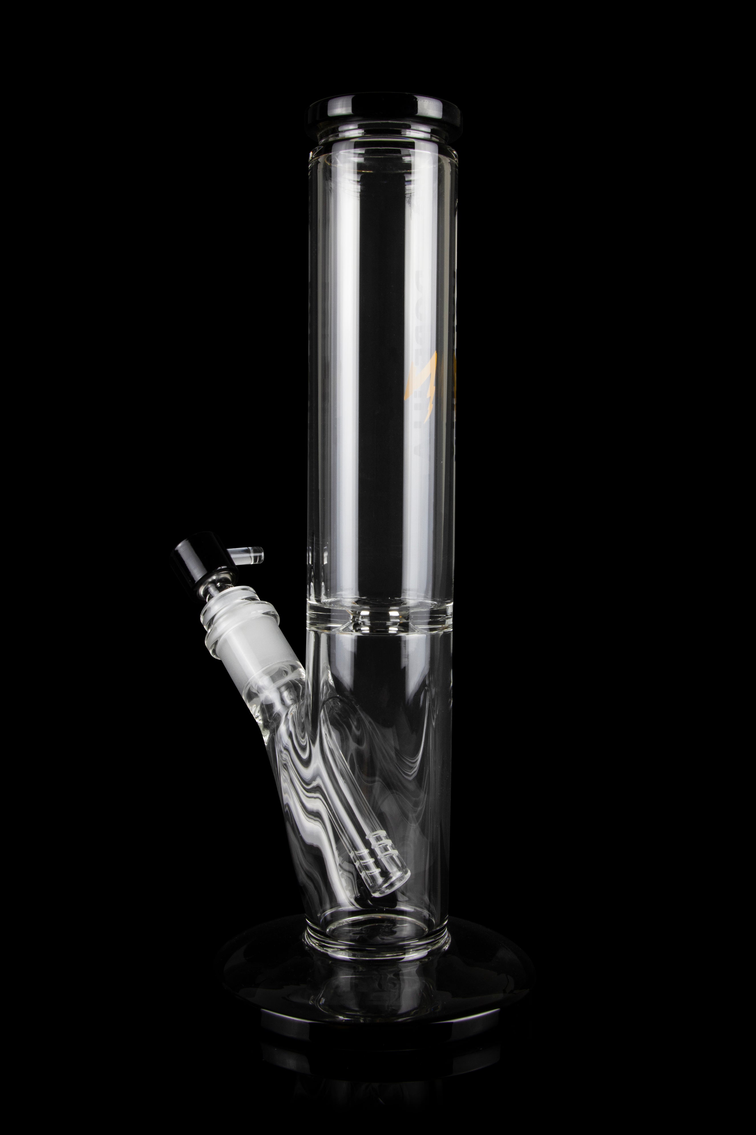 Clear glass water pipe (bong) with a percolator, isolated on a black background.