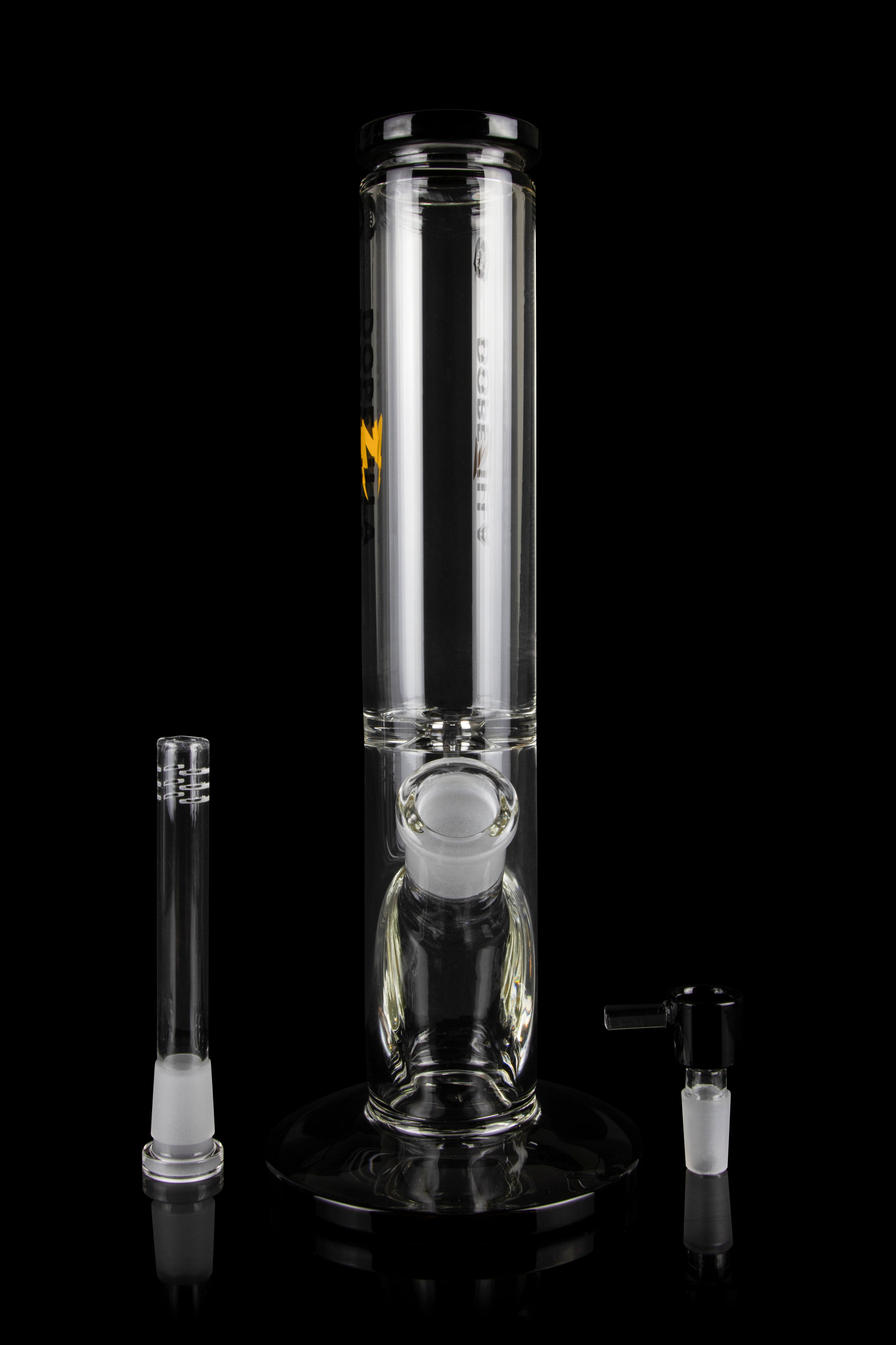 Clear glass bong with detachable downstem and bowl, studio shot on black reflective surface.