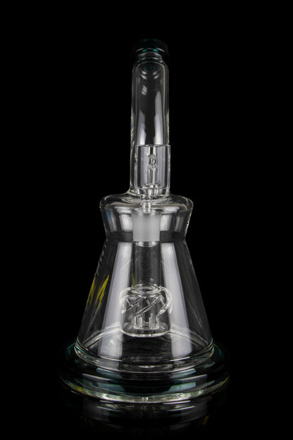 Clear glass water pipe (rig) with intricate percolator, isolated on black.