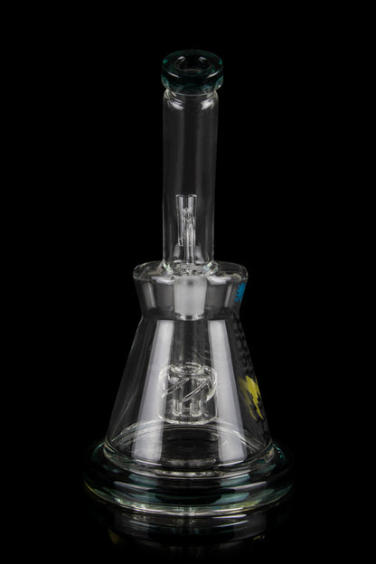 Clear glass water pipe (rig) with intricate internal percolators, isolated on a black background.