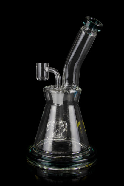 Clear glass water pipe (rig) with a quartz banger, isolated on a black background.