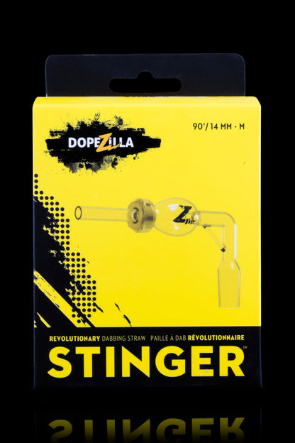 Yellow packaging for "Stinger" revolutionary dabbing straw, featuring a cartoon bee and cannabis-related imagery.