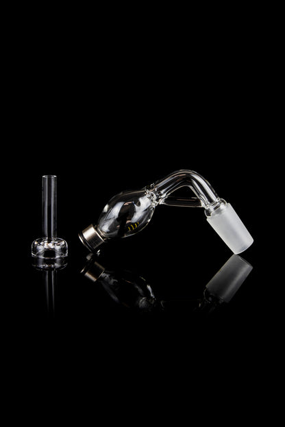 Glass bubbler and mouthpiece for cannabis use, studio shot on black.