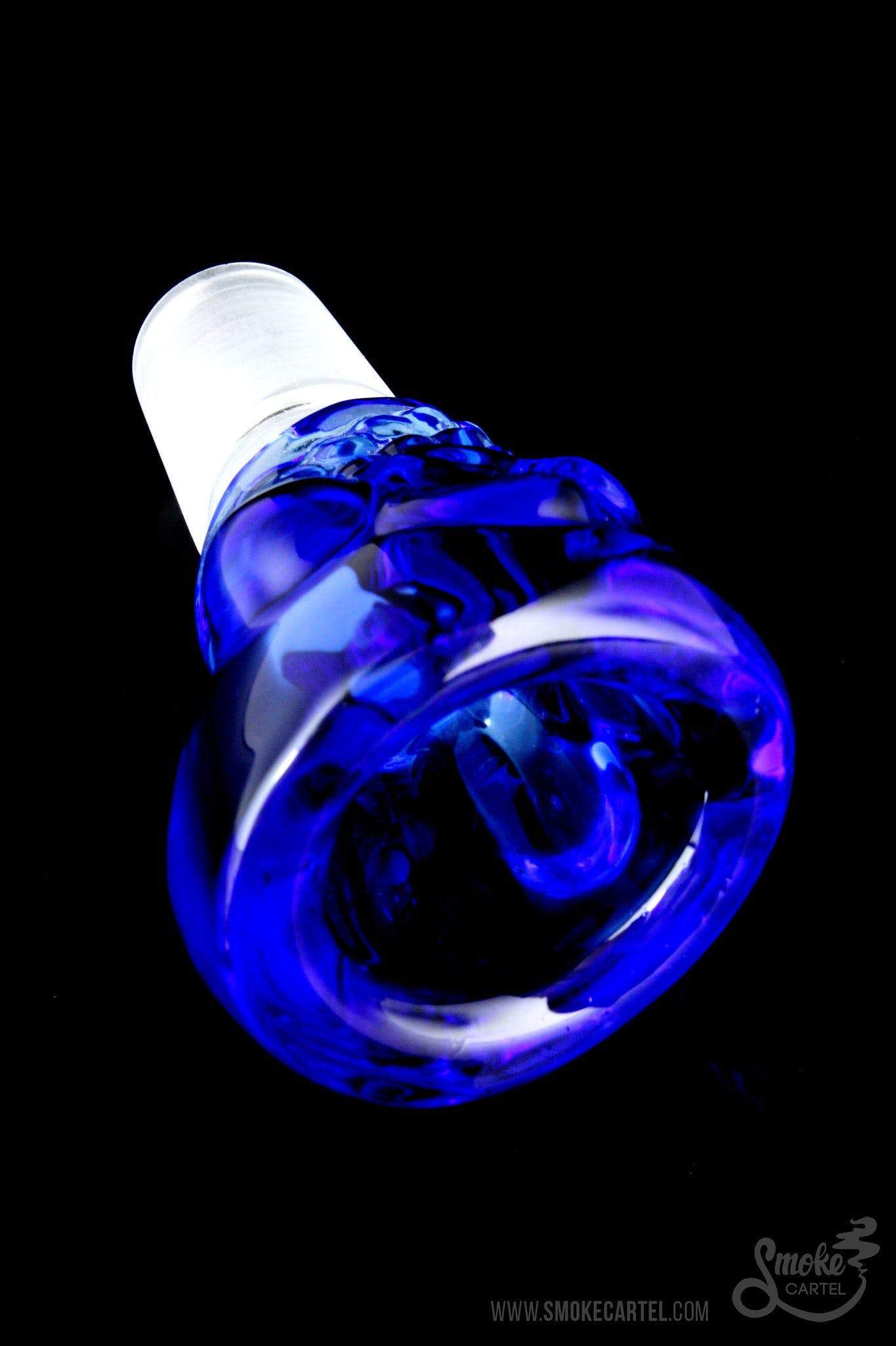 A detailed close-up of “The Skull” Bowl Slide, showcasing its vibrant blue glass swirl design.
