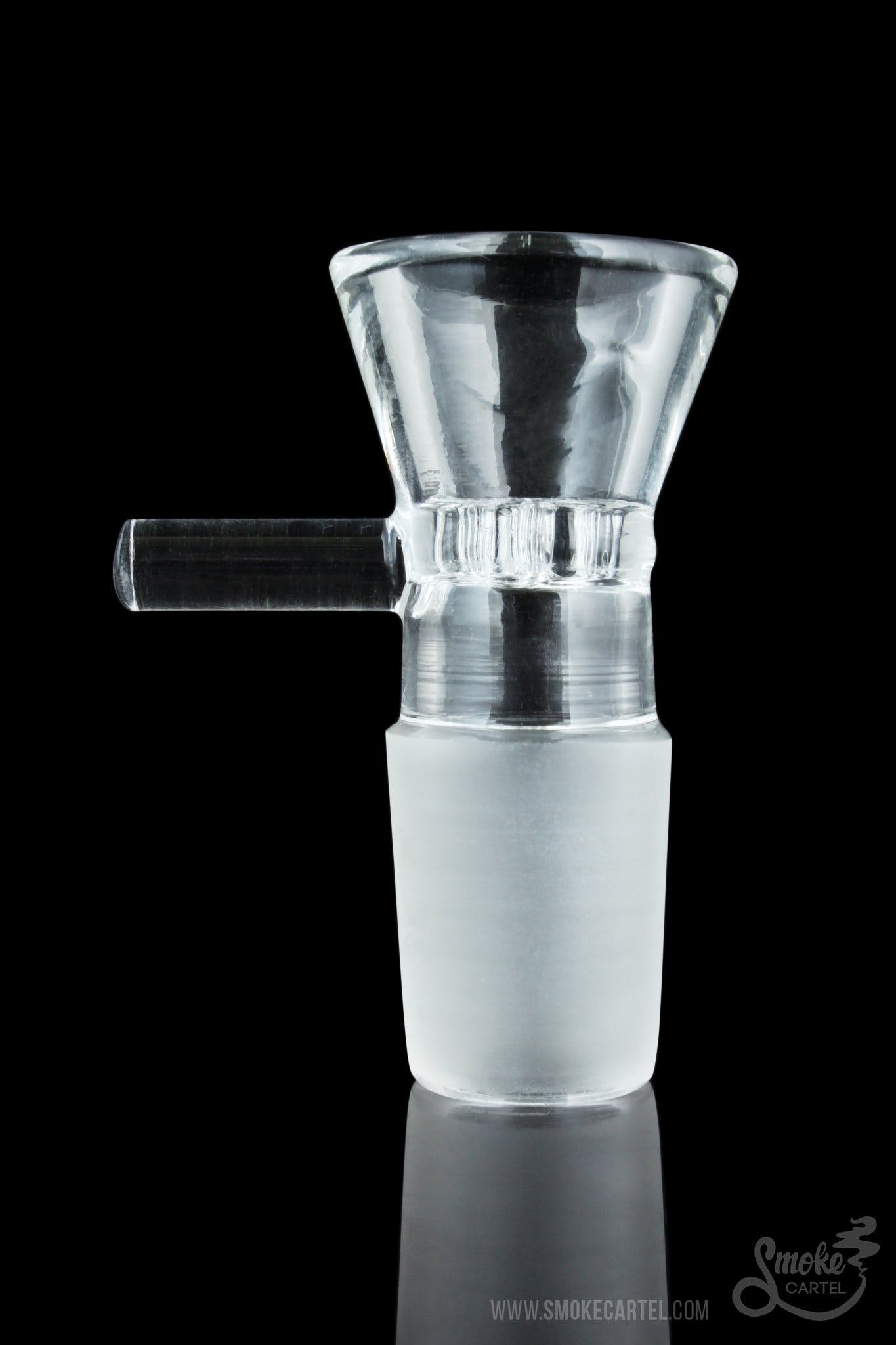 A slightly angled studio shot of the 14.5mm or 18.8mm Male Bowl with Built In Screen, highlighting its clear glass construction.