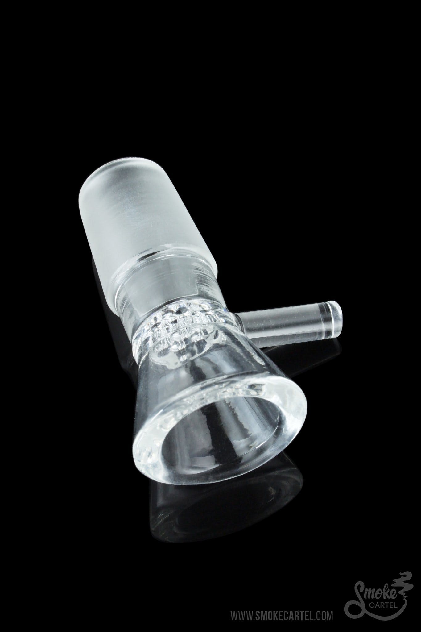 A close-up, angled view of the 14.5mm or 18.8mm Male Bowl with Built In Screen, showcasing its clear glass construction.