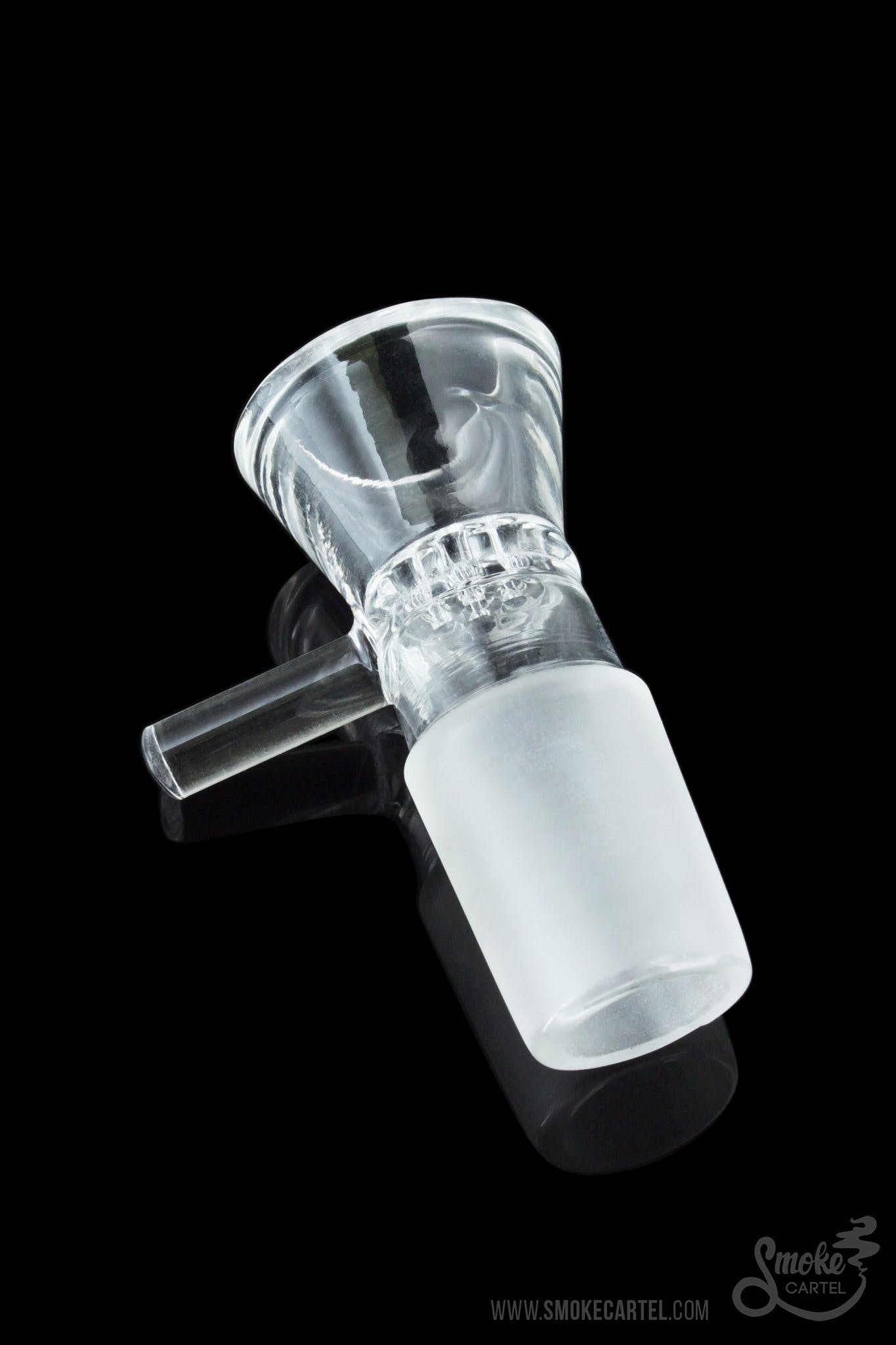 A close-up shot of the 14.5mm or 18.8mm Male Bowl with Built In Screen, displaying its clear glass construction and integrated mesh screen.