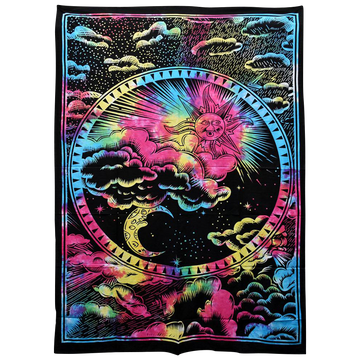 The Majestic Sky Cotton Tapestry shows a close-up, vibrant circular design with sun rays and stars on a dark background. - Majestic Sky Cotton Tapestry