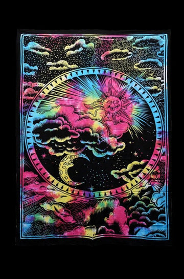 Front view of the Majestic Sky Cotton Tapestry displaying a vibrant, detailed design of a sun and moon amidst swirling clouds. - Majestic Sky Cotton Tapestry