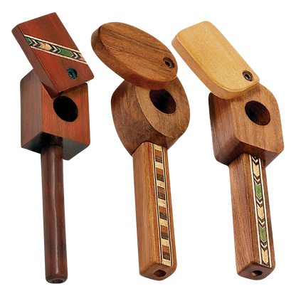 A three-quarter view of the Marquee Inlaid Wood Spoon Pipe with Swivel Lid, displaying its wooden finish and unique inlaid design.