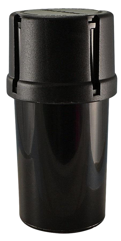 Front view of the Medtainer Air-Tight Herb Container with Grinder, a black, cylindrical container with a textured lid.