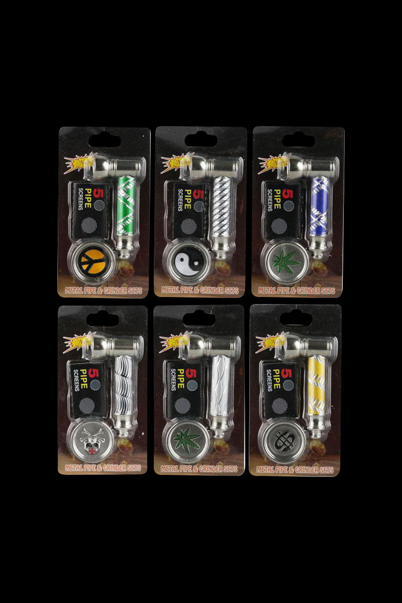 Front view of the Metal Pipe, Screen & Grinder, showcasing a clear glass pipe with a metal grinder, all neatly arranged on a black surface.