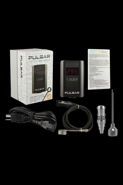 A slightly angled close-up of the Pulsar Micro eNail Elite Kit, displaying a digital temperature readout and coiled cable.