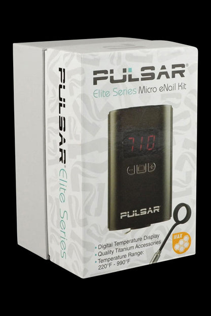 A close-up of the Pulsar Micro eNail Elite Kit displays a digital temperature reading on its sleek black casing.
