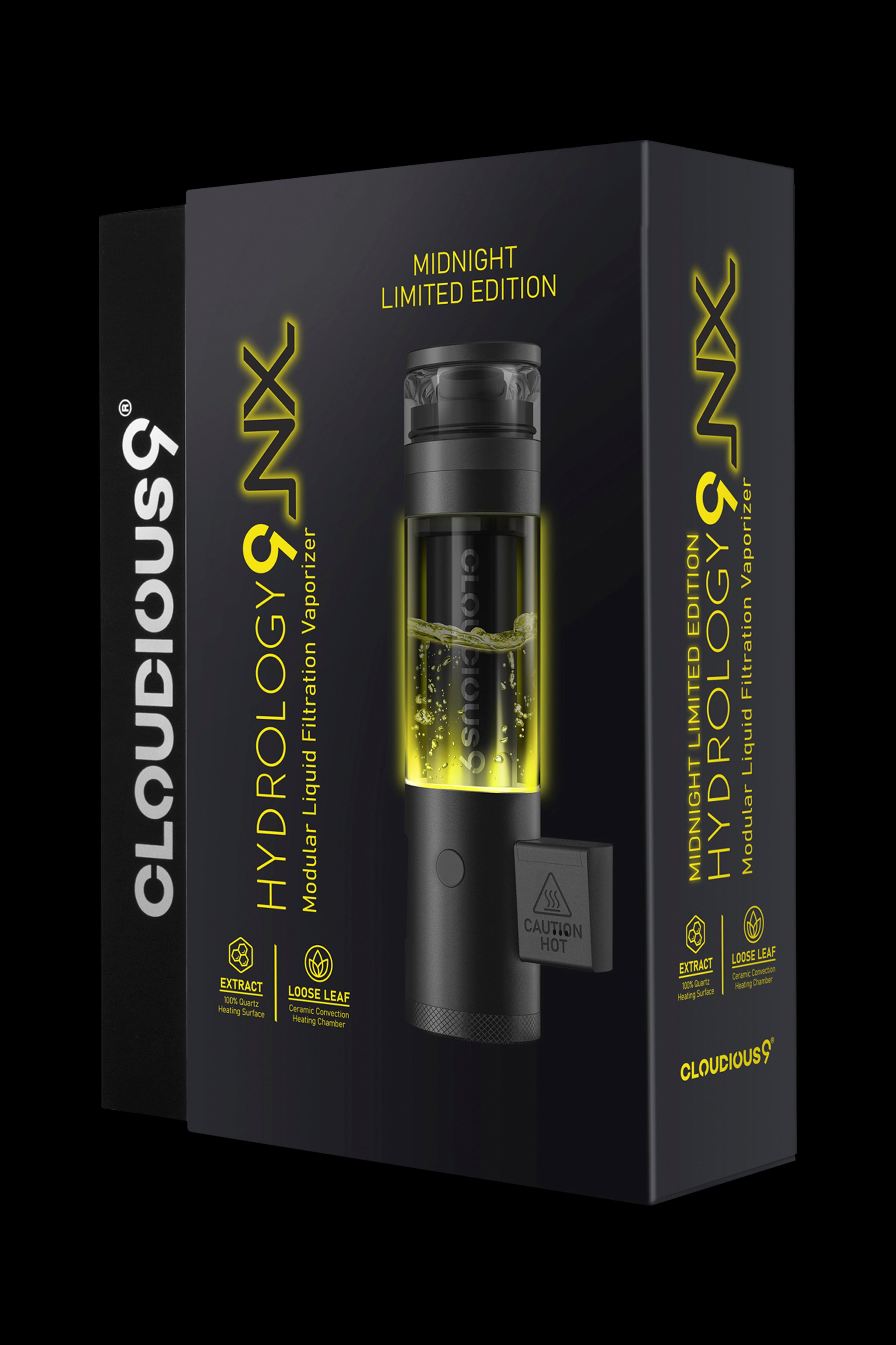 Black and gold “Cloudious9” branded modular liquid filtration vaporizer with visible herb inside, labeled “Midnight Limited Edition.”