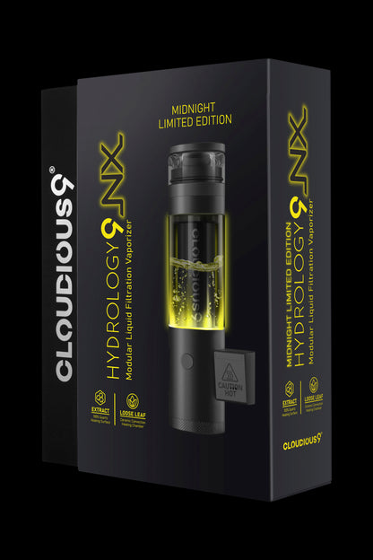 Black and gold “Cloudious9” branded modular liquid filtration vaporizer with visible herb inside, labeled “Midnight Limited Edition.”