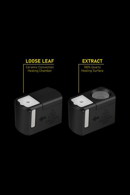 Two cannabis vaporizer heating chambers: one for loose leaf (ceramic convection) and one for extract (100% quartz heating surface), with directional arrows and caution icons.